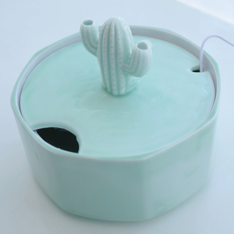 KFX-2131133 Cactus Cat Drinking Fountain - Ceramic Automatic Water Dispenser with USB Pump, 2000ml Capacity