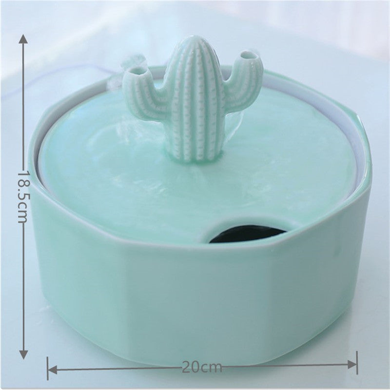 KFX-2131133 Cactus Cat Drinking Fountain - Ceramic Automatic Water Dispenser with USB Pump, 2000ml Capacity