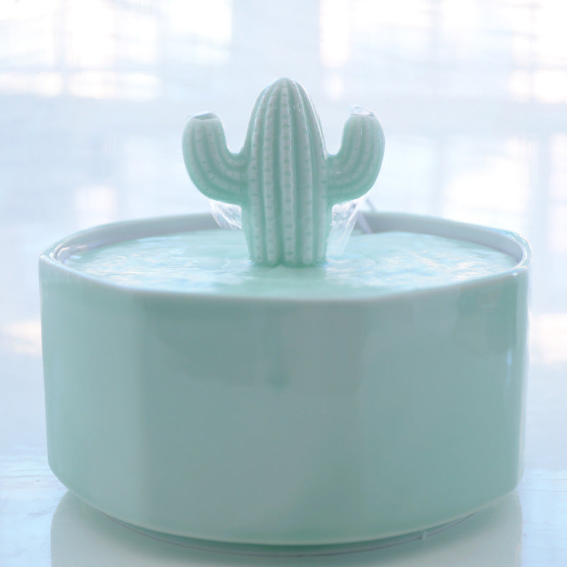 KFX-2131133 Cactus Cat Drinking Fountain - Ceramic Automatic Water Dispenser with USB Pump, 2000ml Capacity