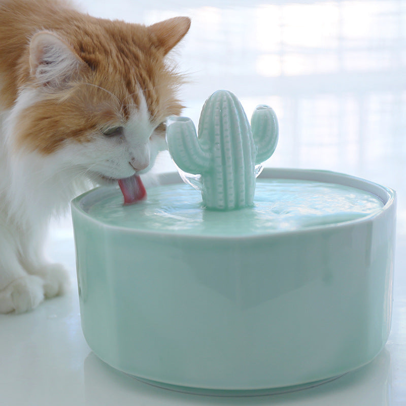KFX-2131133 Cactus Cat Drinking Fountain - Ceramic Automatic Water Dispenser with USB Pump, 2000ml Capacity