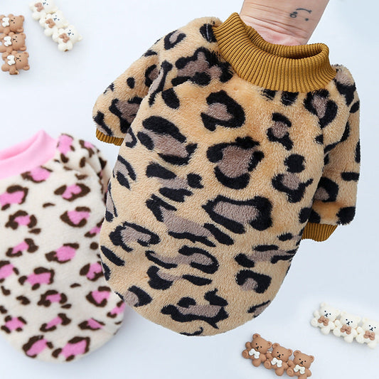 KFX-2131773 Warm Coral Fleece Pajamas for Dogs in Brown and Pink Leopard Prints