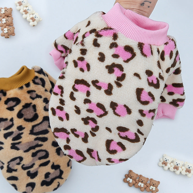 KFX-2131773 Warm Coral Fleece Pajamas for Dogs in Brown and Pink Leopard Prints