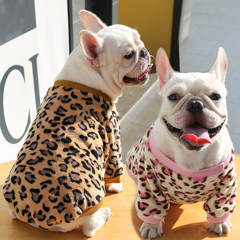 KFX-2131773 Warm Coral Fleece Pajamas for Dogs in Brown and Pink Leopard Prints