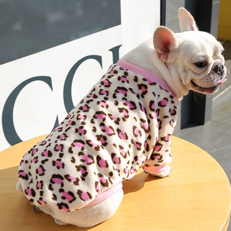 KFX-2131773 Warm Coral Fleece Pajamas for Dogs in Brown and Pink Leopard Prints