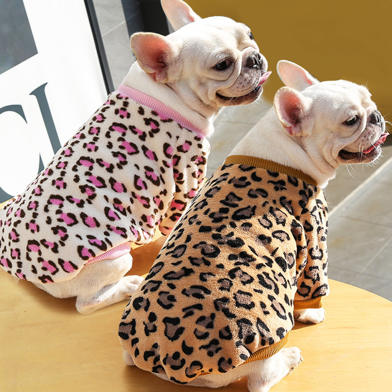 KFX-2131773 Warm Coral Fleece Pajamas for Dogs in Brown and Pink Leopard Prints