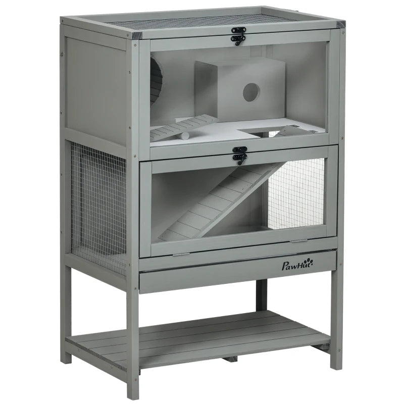 KFX-2136381 5-Tier Hamster Cage with Openable Top, Three Ladders, Storage Shelf, and Glass Front for Small Pets