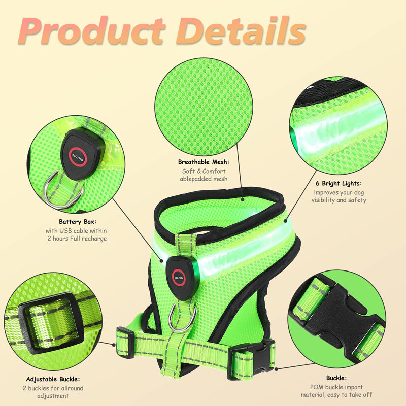 KFX-2139965 Rechargeable LED Lighted Dog Harness with USB Charging and Adjustable Mesh Fabric