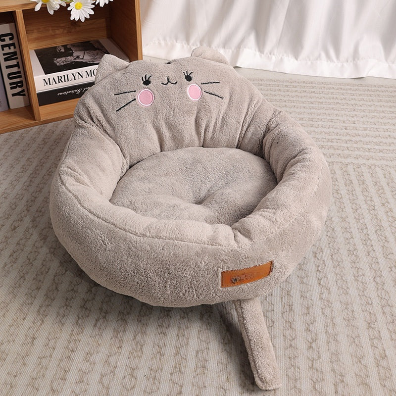 KFX-2140733 Cozy Cartoon Pet Bed for Dogs and Cats - Soft Cloth Nest in Cat Red and Gray