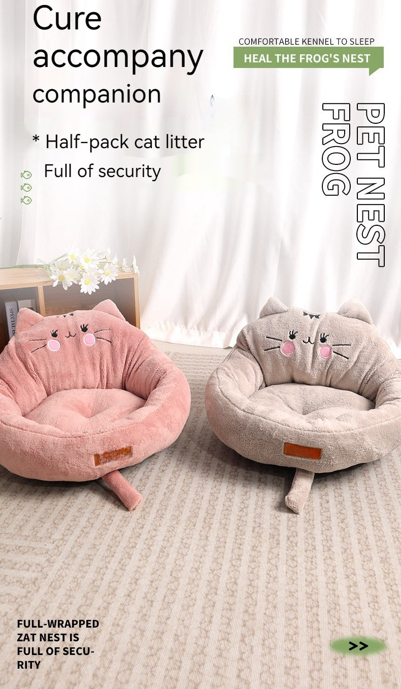 KFX-2140733 Cozy Cartoon Pet Bed for Dogs and Cats - Soft Cloth Nest in Cat Red and Gray