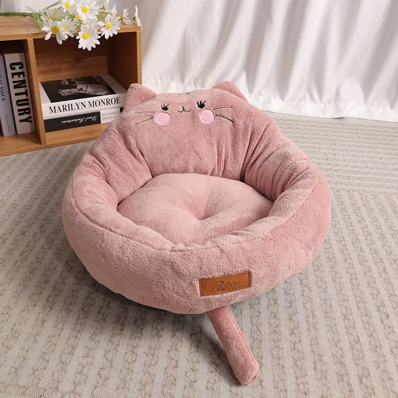 KFX-2140733 Cozy Cartoon Pet Bed for Dogs and Cats - Soft Cloth Nest in Cat Red and Gray