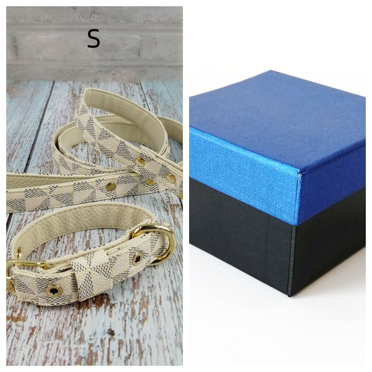 KFX-2148413 Plaid Leather Dog Collar with Leash and Gift Box - Various Sizes Available