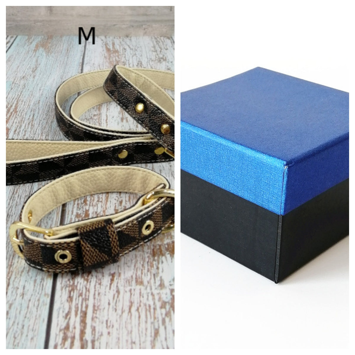 KFX-2148413 Plaid Leather Dog Collar with Leash and Gift Box - Various Sizes Available