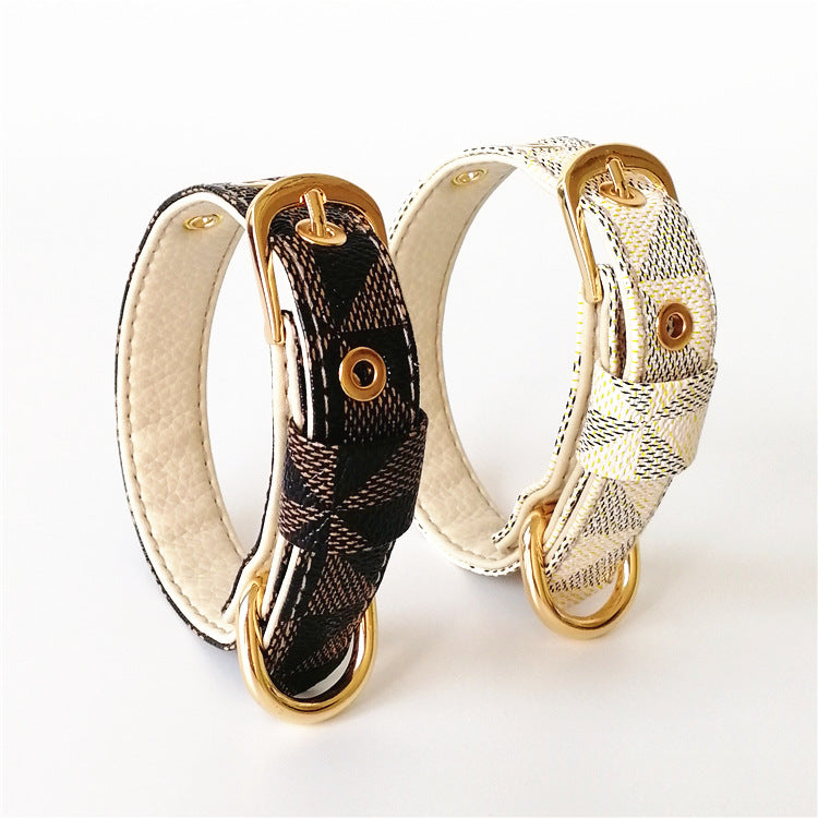 KFX-2148413 Plaid Leather Dog Collar with Leash and Gift Box - Various Sizes Available