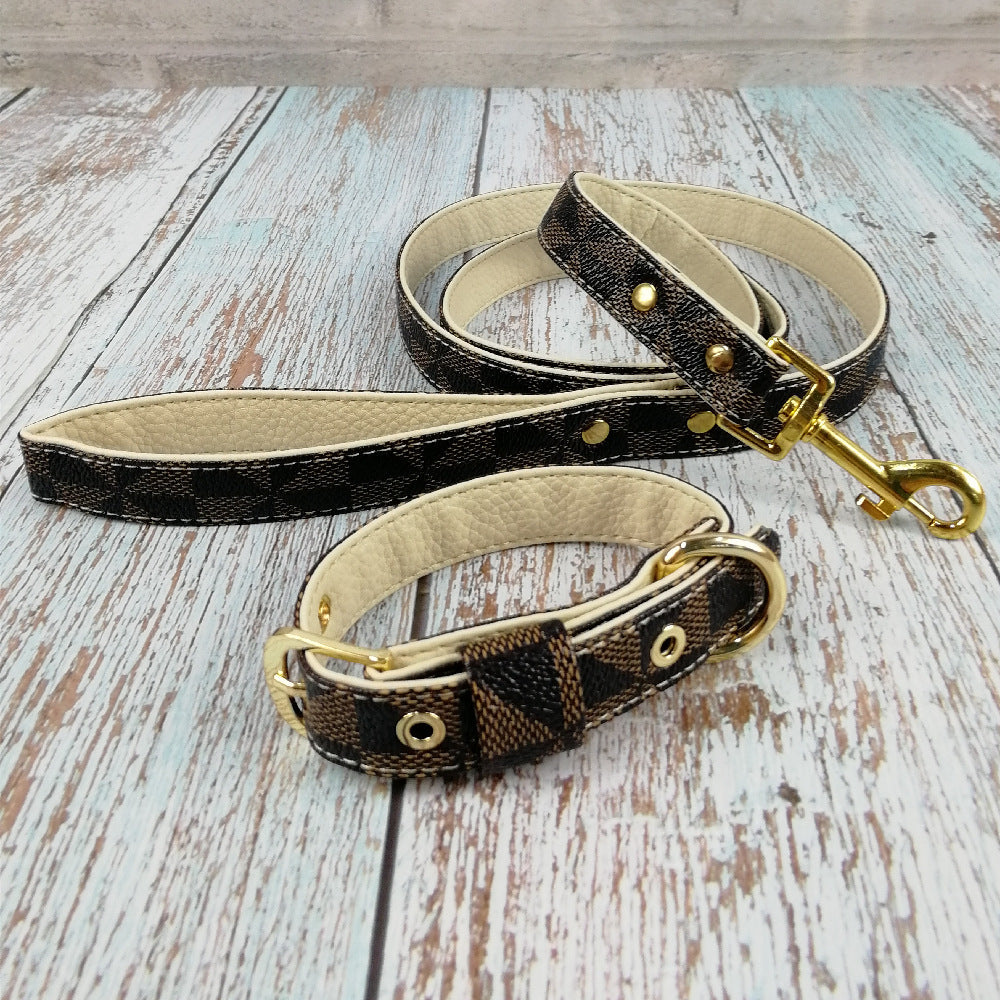 KFX-2148413 Plaid Leather Dog Collar with Leash and Gift Box - Various Sizes Available