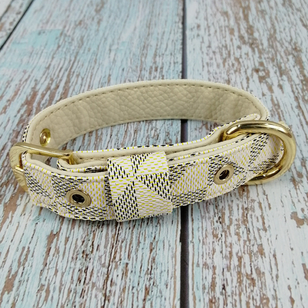KFX-2148413 Plaid Leather Dog Collar with Leash and Gift Box - Various Sizes Available