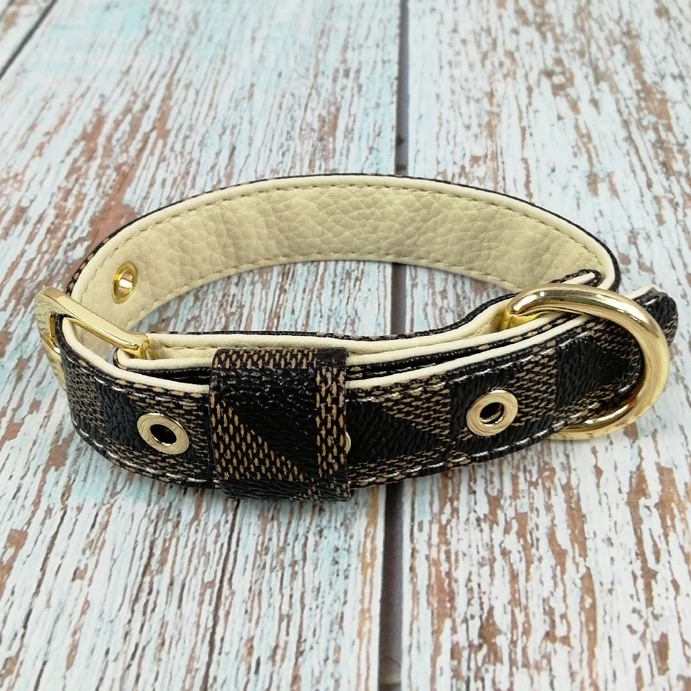 KFX-2148413 Plaid Leather Dog Collar with Leash and Gift Box - Various Sizes Available