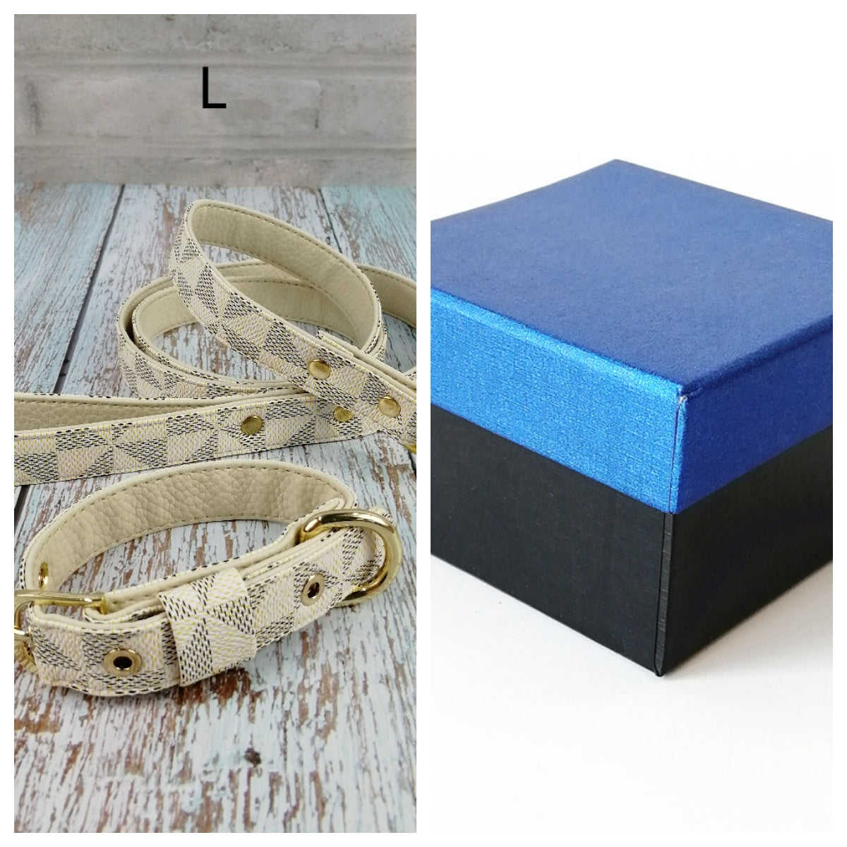 KFX-2148413 Plaid Leather Dog Collar with Leash and Gift Box - Various Sizes Available