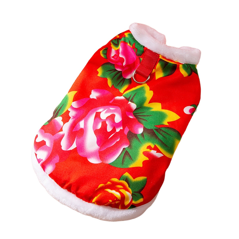 KFX-2150973 Floral Plush Lined Dog Vest with D-Ring for Cozy Winter Wear