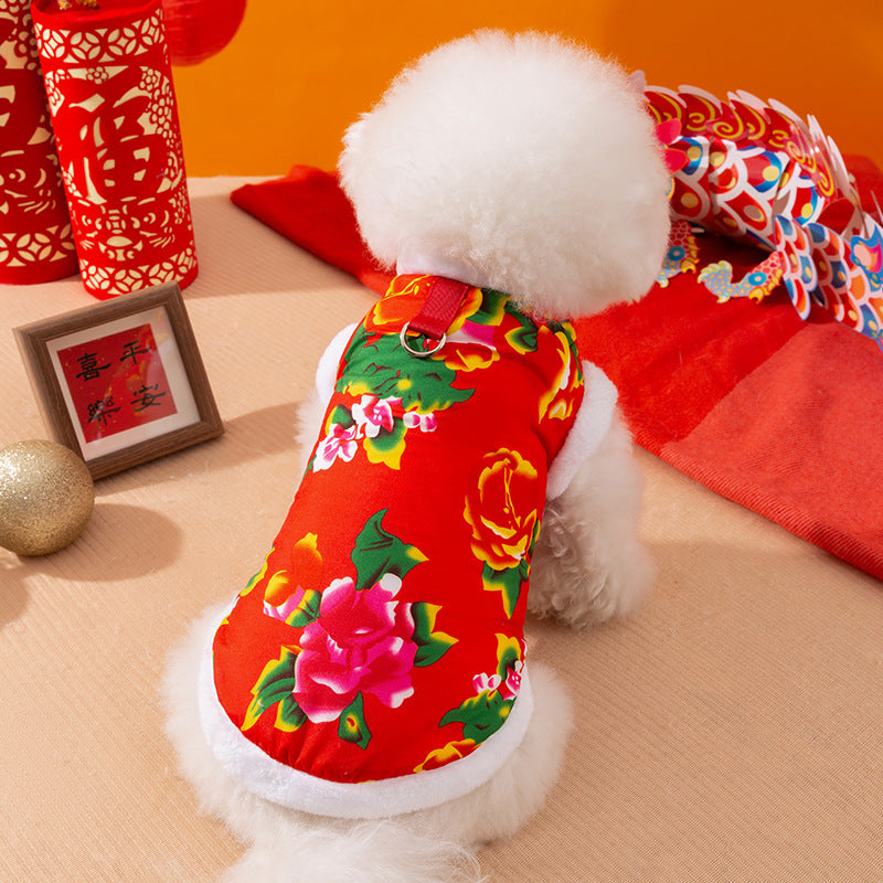 KFX-2150973 Floral Plush Lined Dog Vest with D-Ring for Cozy Winter Wear