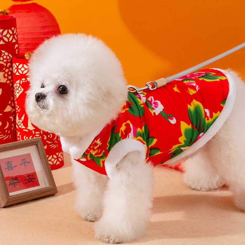 KFX-2150973 Floral Plush Lined Dog Vest with D-Ring for Cozy Winter Wear