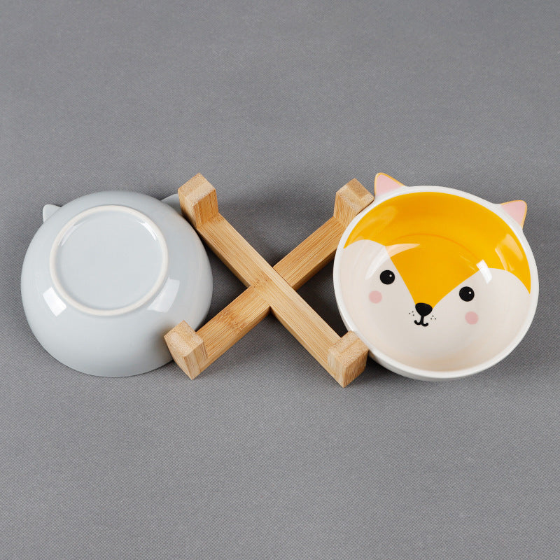 KFX-2152381 Ceramic Cat Food Bowl with Bamboo Stand - Pink Fox, Panda, and Gray Cat Designs