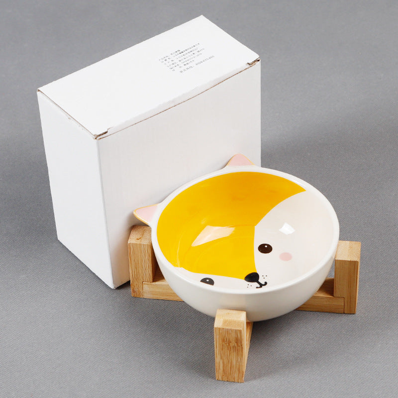 KFX-2152381 Ceramic Cat Food Bowl with Bamboo Stand - Pink Fox, Panda, and Gray Cat Designs