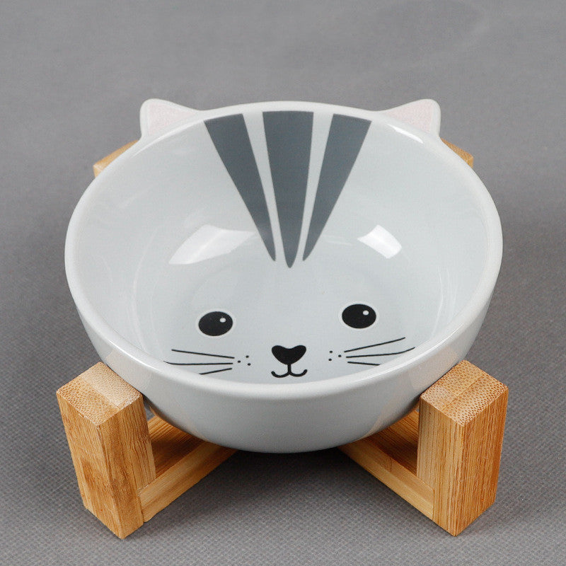 KFX-2152381 Ceramic Cat Food Bowl with Bamboo Stand - Pink Fox, Panda, and Gray Cat Designs