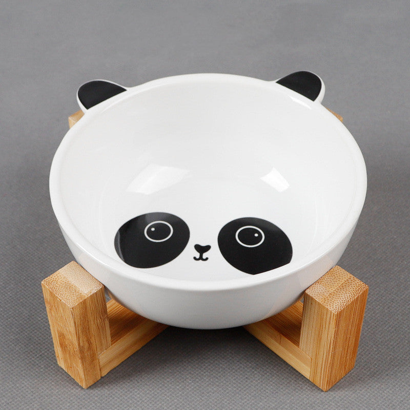 KFX-2152381 Ceramic Cat Food Bowl with Bamboo Stand - Pink Fox, Panda, and Gray Cat Designs