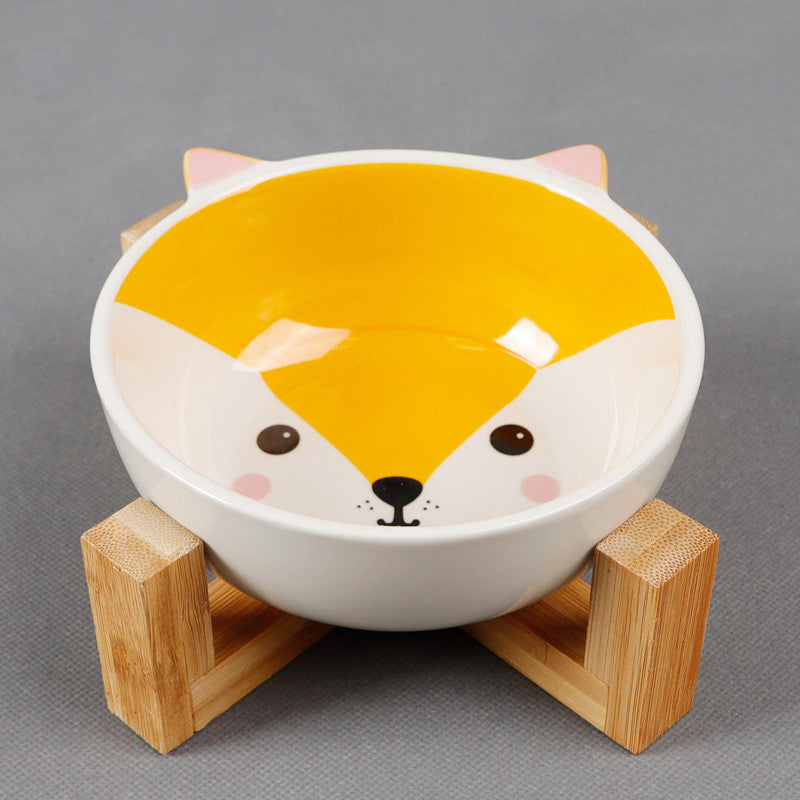 KFX-2152381 Ceramic Cat Food Bowl with Bamboo Stand - Pink Fox, Panda, and Gray Cat Designs