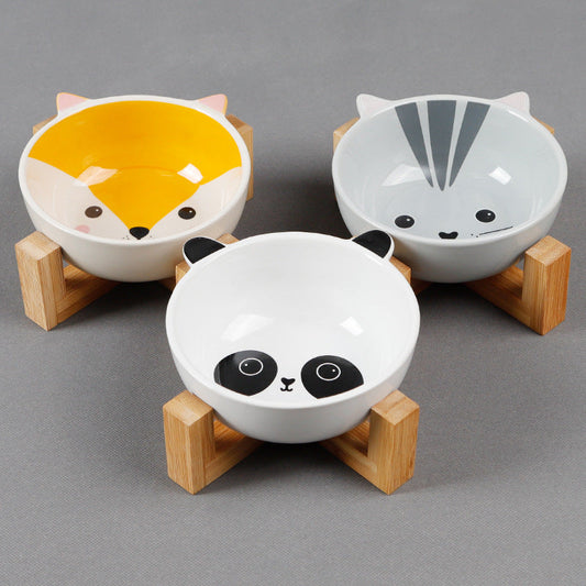 KFX-2152381 Ceramic Cat Food Bowl with Bamboo Stand - Pink Fox, Panda, and Gray Cat Designs