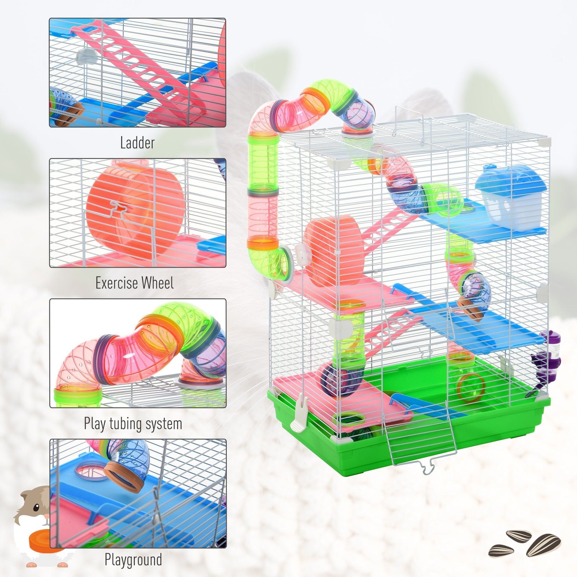 KFX-2155837 5-Tier Hamster Cage with Exercise Wheels, Tubes, and Accessories for Small Pets