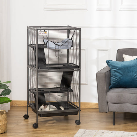 KFX-2161597 Gray 4-Tier Rolling Small Animal Cage with Hammock for Ferrets, Chinchillas, and Sugar Gliders