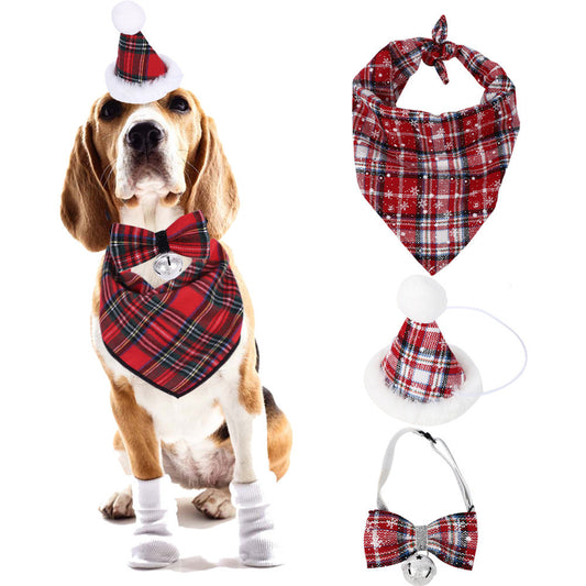KFX-2171069 Christmas Triangle Pet Bib with Santa Deer Print - Durable Fabric Dog Scarf for Holiday Wear