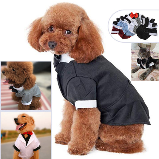 KFX-2171837 Big Dog Dress with Bow Tie - Stylish Cotton Puppy Suit in Black, Gray, Sky Blue, and Red Brown Sizes XS to XL