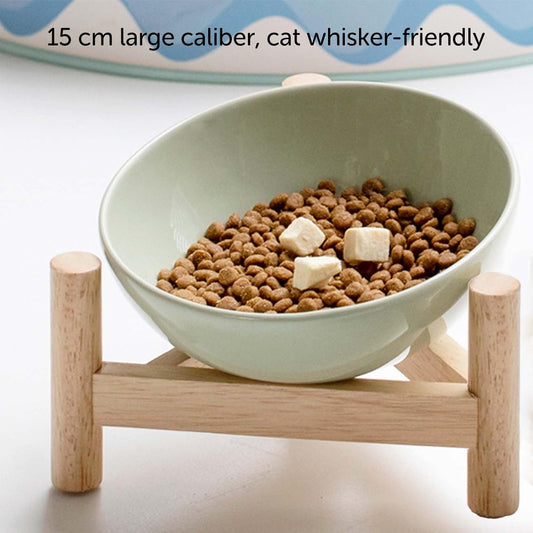 KFX-2179389 Elevated Ceramic Cat Bowl with Wooden Stand for Food and Water, Anti-Slip Design, Easy to Clean