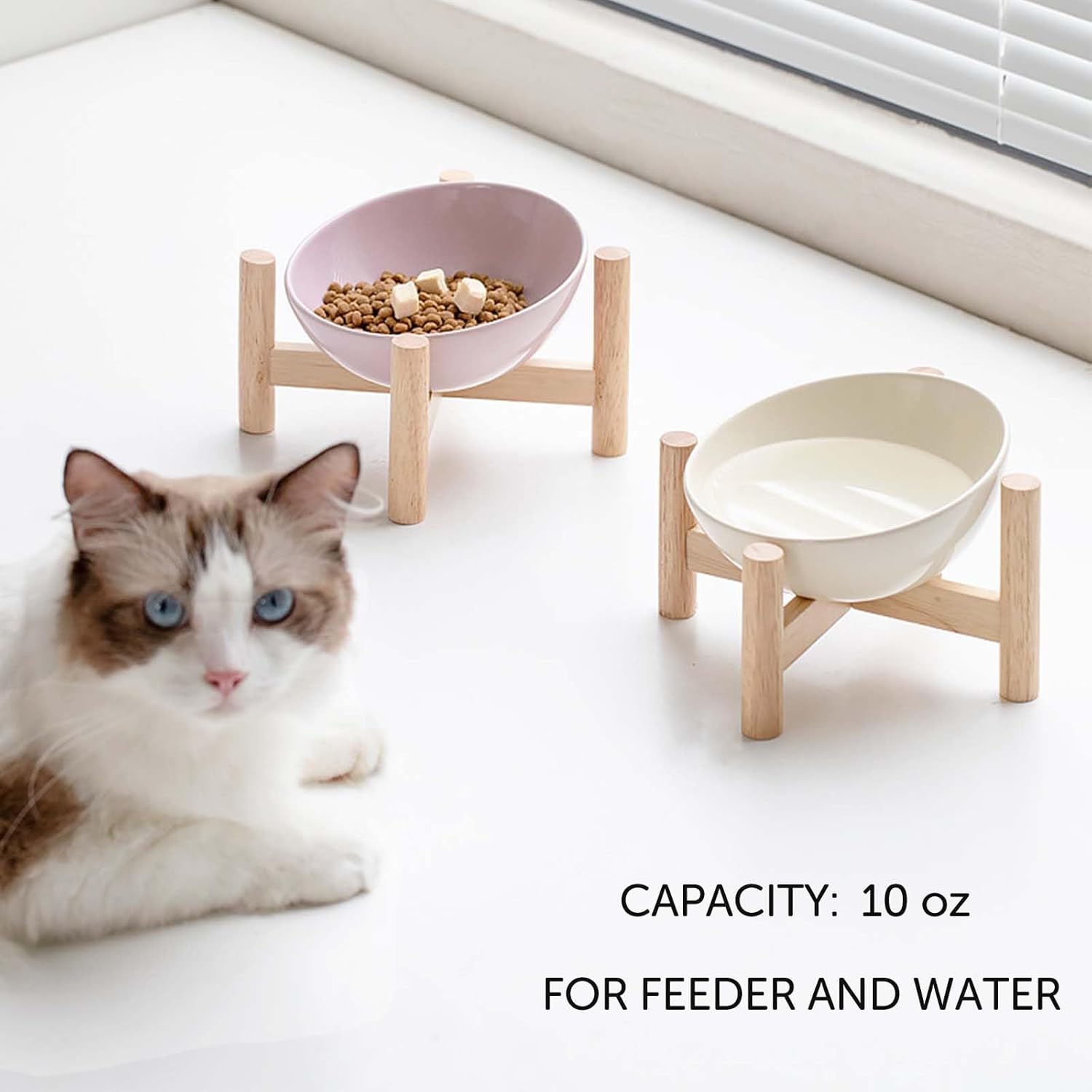 KFX-2179389 Elevated Ceramic Cat Bowl with Wooden Stand for Food and Water, Anti-Slip Design, Easy to Clean