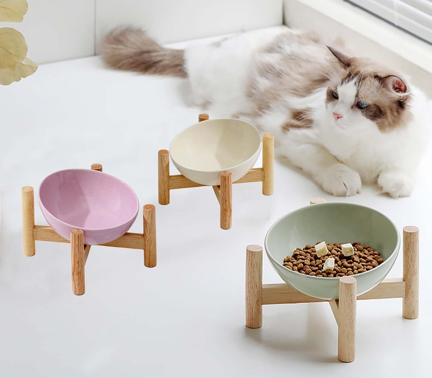 KFX-2179389 Elevated Ceramic Cat Bowl with Wooden Stand for Food and Water, Anti-Slip Design, Easy to Clean