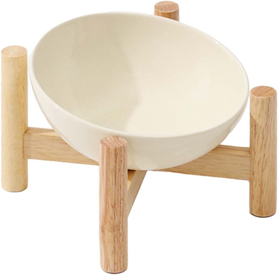 KFX-2179389 Elevated Ceramic Cat Bowl with Wooden Stand for Food and Water, Anti-Slip Design, Easy to Clean