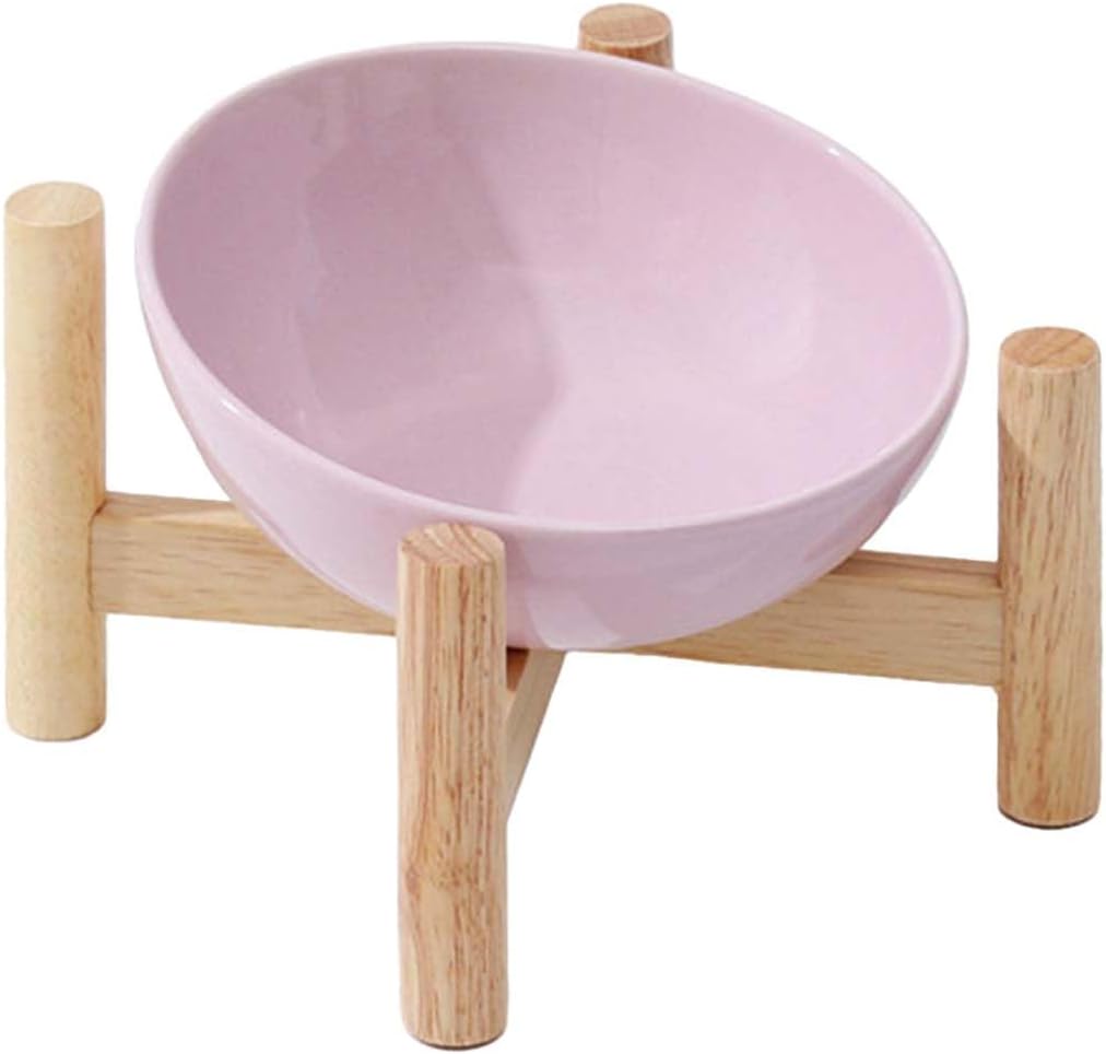 KFX-2179389 Elevated Ceramic Cat Bowl with Wooden Stand for Food and Water, Anti-Slip Design, Easy to Clean
