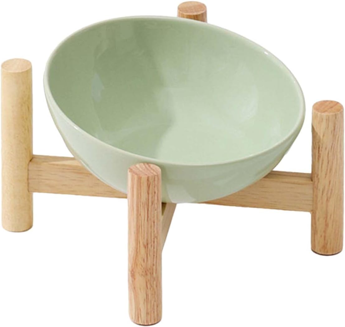 KFX-2179389 Elevated Ceramic Cat Bowl with Wooden Stand for Food and Water, Anti-Slip Design, Easy to Clean