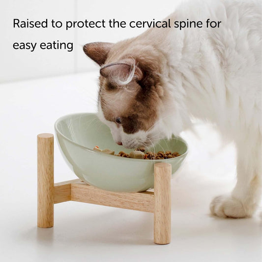 KFX-2179389 Elevated Ceramic Cat Bowl with Wooden Stand for Food and Water, Anti-Slip Design, Easy to Clean