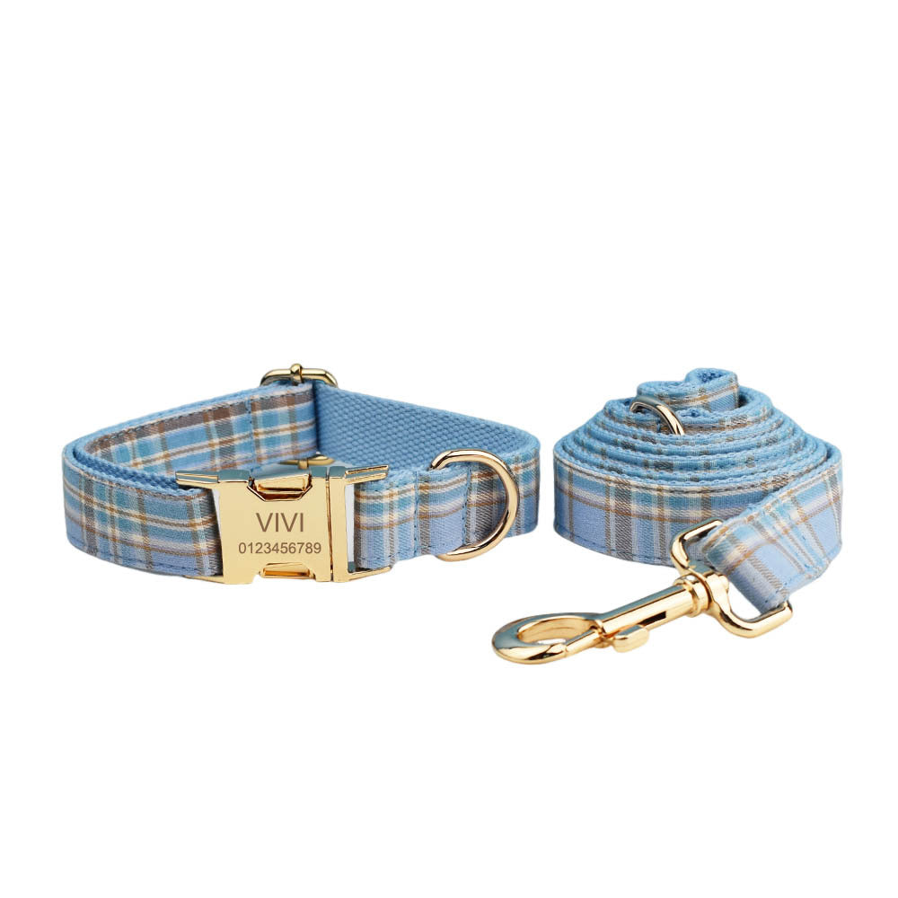 KFX-2186941 Sky Blue Grid Dog Collar and Leash Set with Bow Tie for Small to Medium Dogs