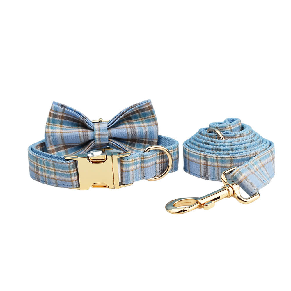KFX-2186941 Sky Blue Grid Dog Collar and Leash Set with Bow Tie for Small to Medium Dogs