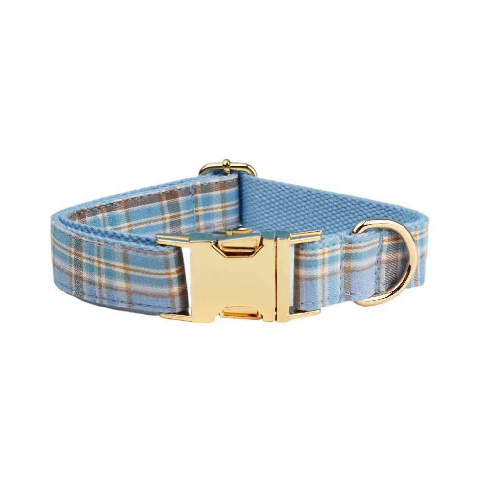 KFX-2186941 Sky Blue Grid Dog Collar and Leash Set with Bow Tie for Small to Medium Dogs