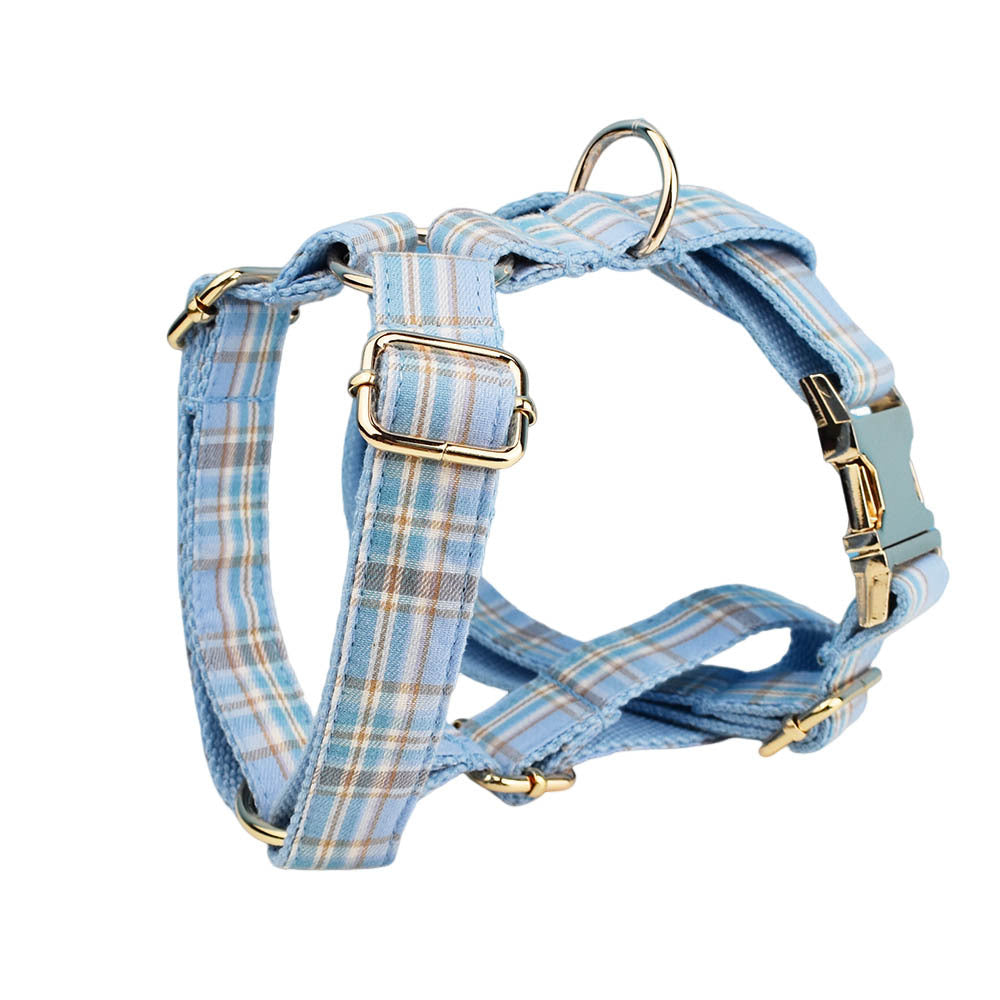 KFX-2186941 Sky Blue Grid Dog Collar and Leash Set with Bow Tie for Small to Medium Dogs