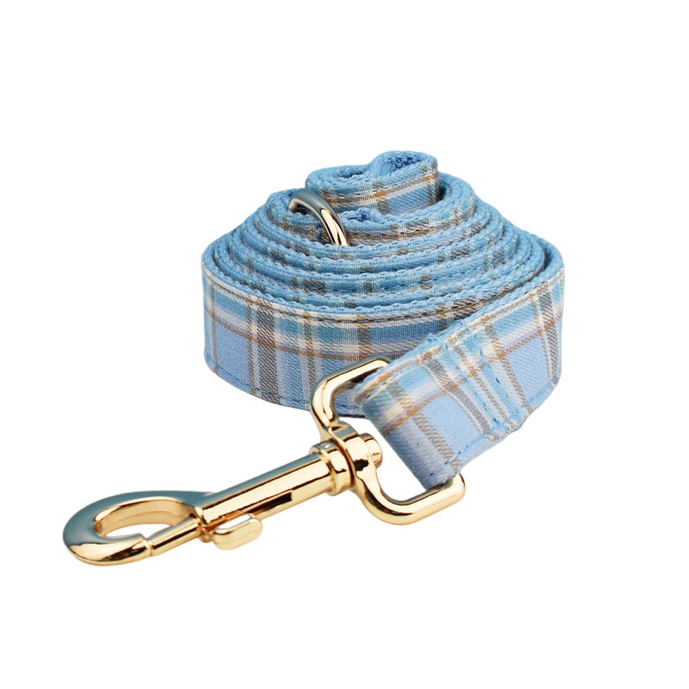 KFX-2186941 Sky Blue Grid Dog Collar and Leash Set with Bow Tie for Small to Medium Dogs