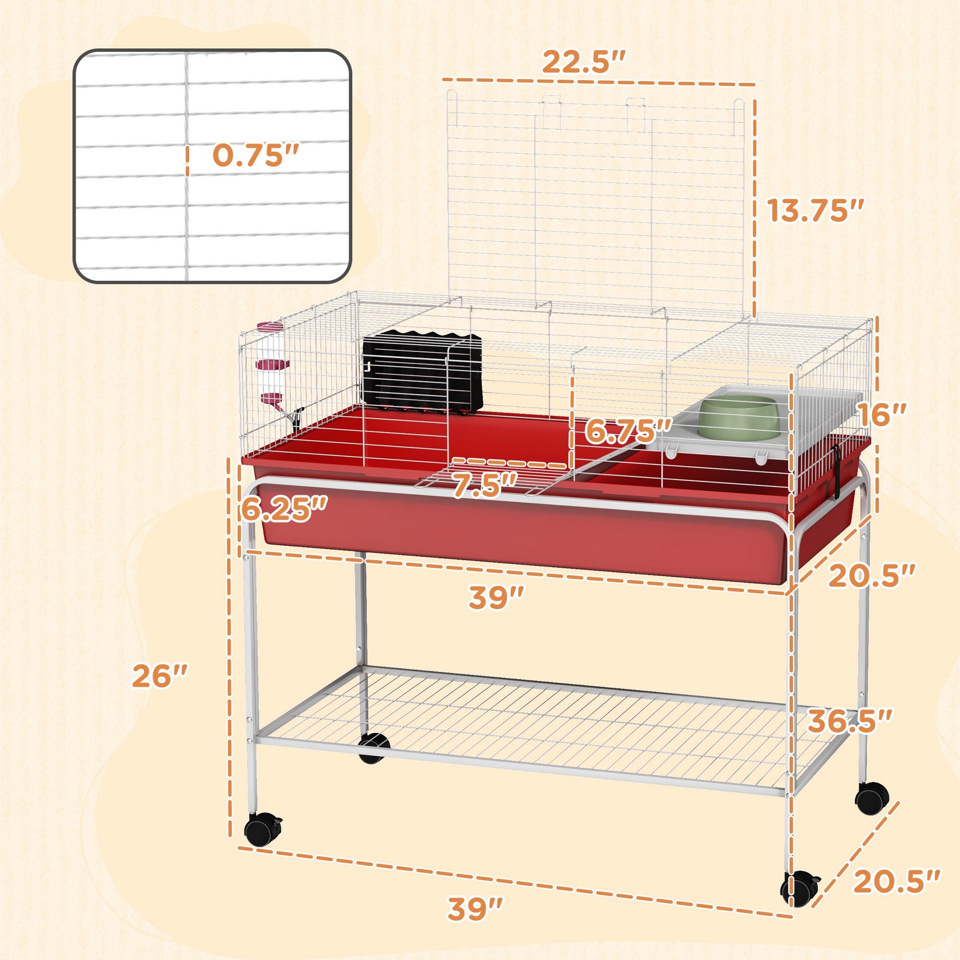 KFX-2188605 Two-Story Small Animal Cage with Removable Stand, Shelf & Wheels - 39" x 20.5" x 36.5" - Ideal for Guinea Pigs, Ferrets, & More