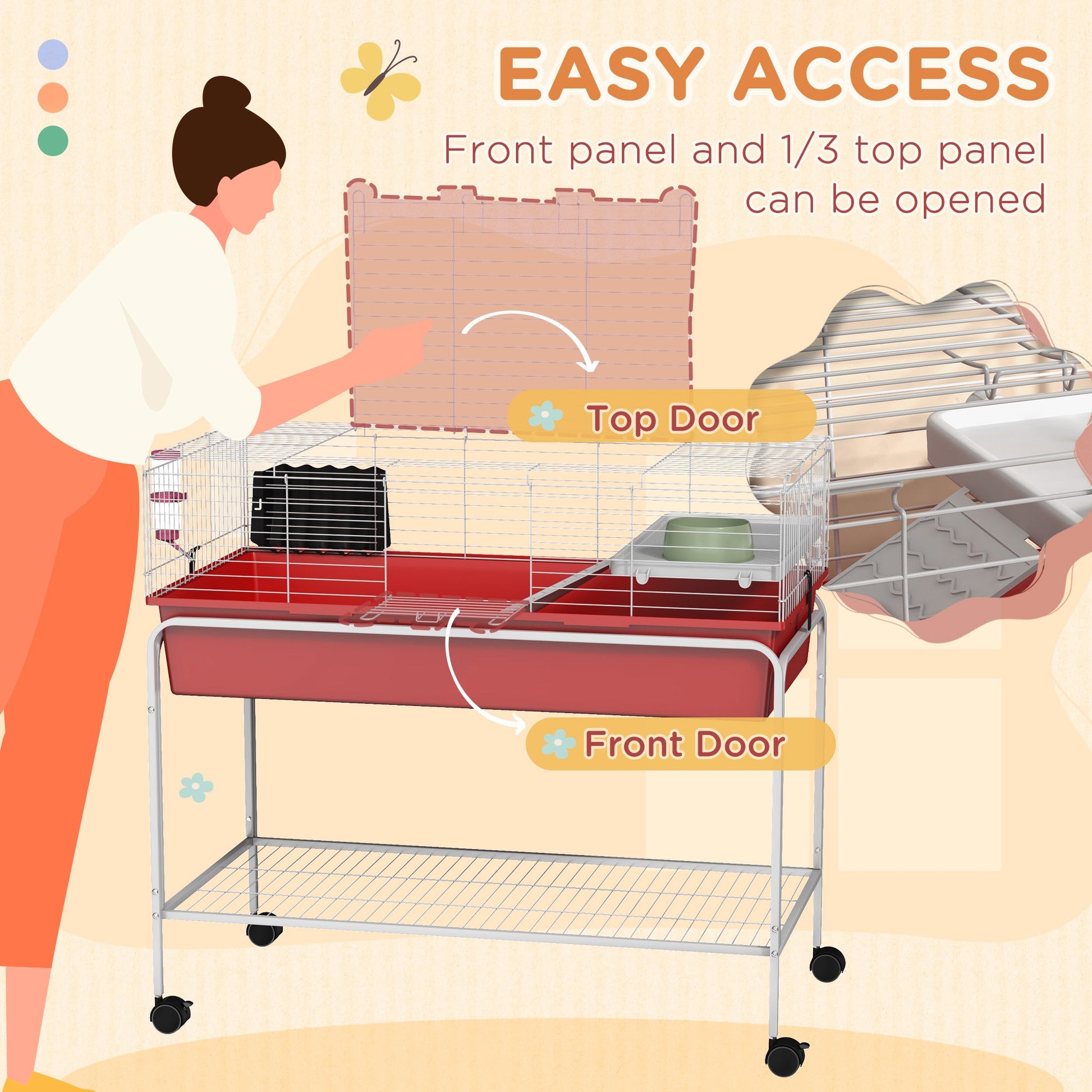 KFX-2188605 Two-Story Small Animal Cage with Removable Stand, Shelf & Wheels - 39" x 20.5" x 36.5" - Ideal for Guinea Pigs, Ferrets, & More