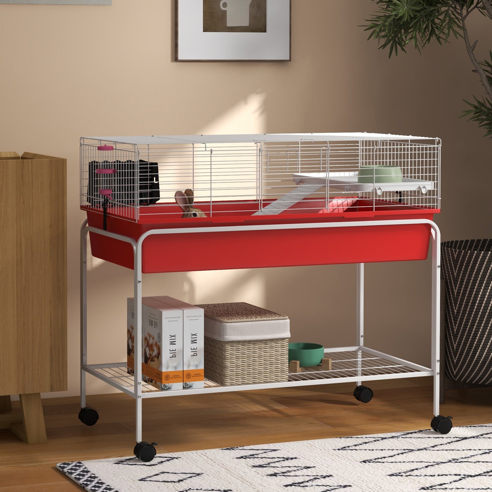 KFX-2188605 Two-Story Small Animal Cage with Removable Stand, Shelf & Wheels - 39" x 20.5" x 36.5" - Ideal for Guinea Pigs, Ferrets, & More