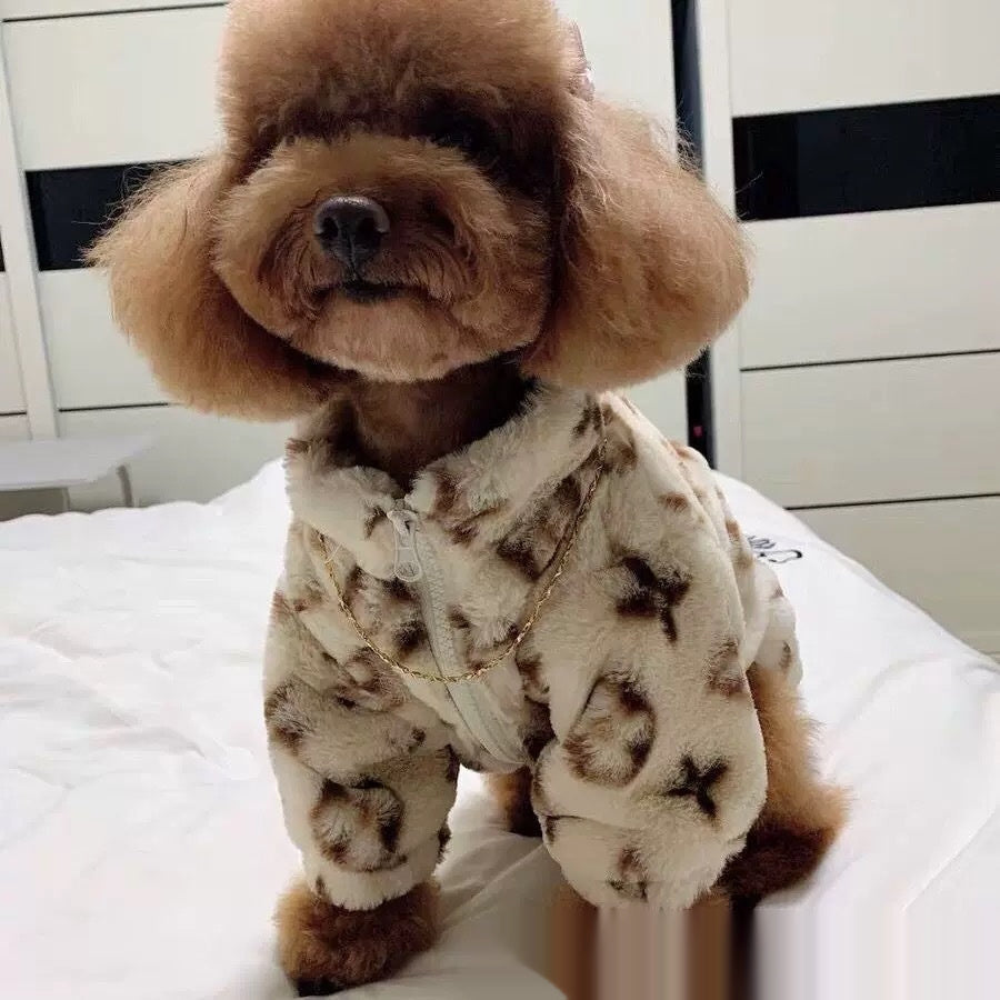 KFX-2189501 Autumn and Winter Dog Smoked Fur Coat in LV Color, Comfortable Polyester Material